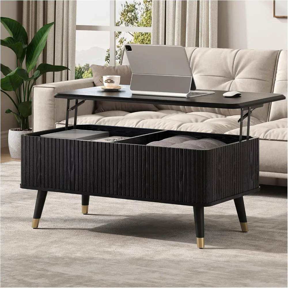 

Lift Top Coffee Table, Mid Century Modern Coffee Table with Hidden Compartment, Fluted Lift Tabletop Center Table for Living Roo
