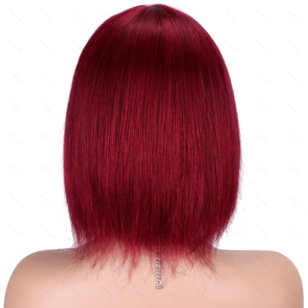باروكة شعر بشري بوب أحمر خمري 99J حرير مستقيم مع غرة هامشية مصنوعة آليًا للنساء 8 بوصة 10 بوصة