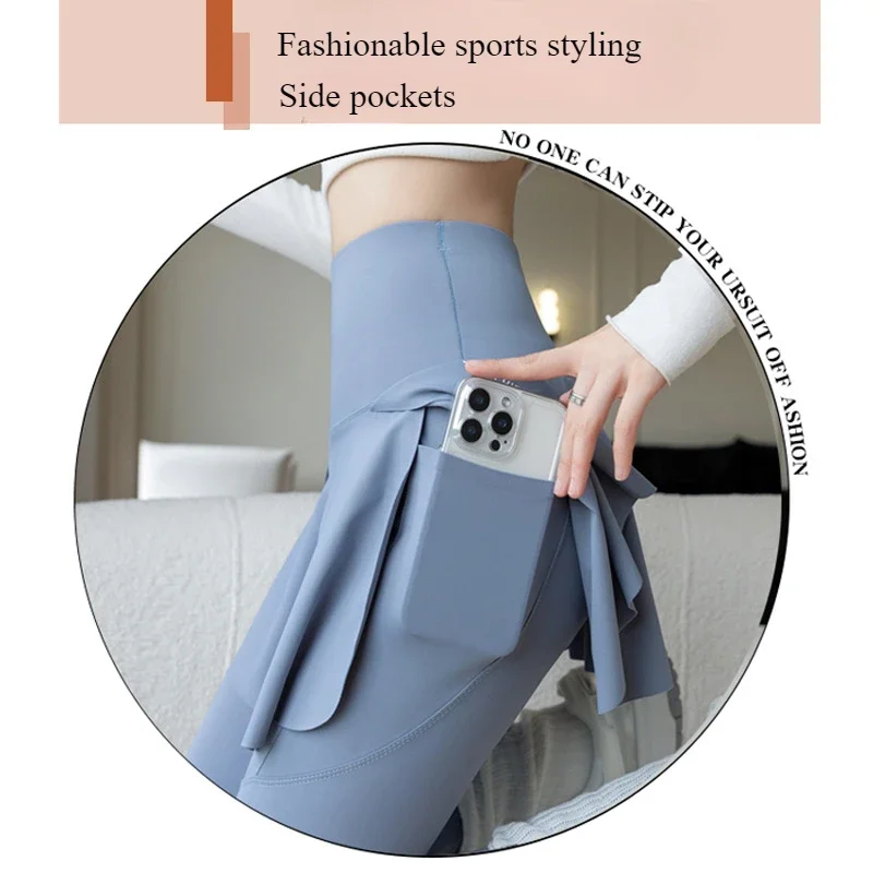 Women Fake Two Pieces Leggings Seamless Fitness Leggings High Waist with Pocket Elastic Slim Fashion Hip Liftting Yoga Pants