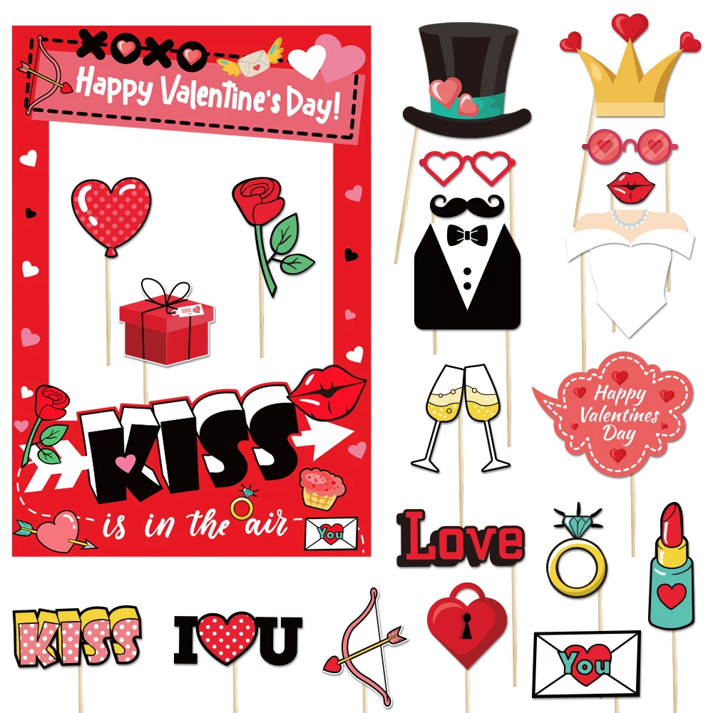 Romantic Valentines Day Photo Booth Props  Happy Valentine’s Day Selfie Picture Frame with Hat Lip Glasses Heart DIY Photo Prop