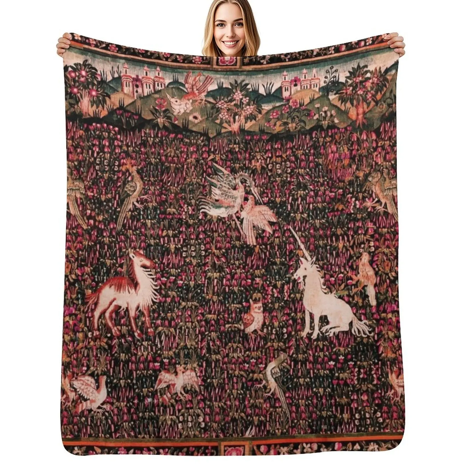 UNICORN AND MEDIEVAL BESTIARY Forest Animals,Millefleurs Red Pink Green Floral Tapestry Throw Blanket Luxury Throw Blankets