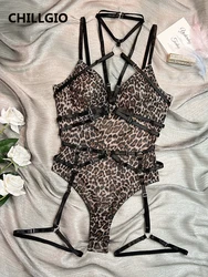 Chillgio feminino leopardo sexy tiras bodysuits verão bodycon combinação catsuits moda retro uma peça apertado impressão macacão