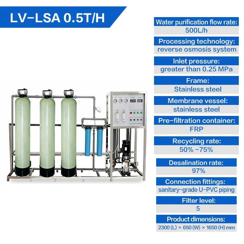 500L/H  FRP 5Filter Level RO Water Treatment  Water Purifier Pure Water Machine for School Factory or Office Buildings