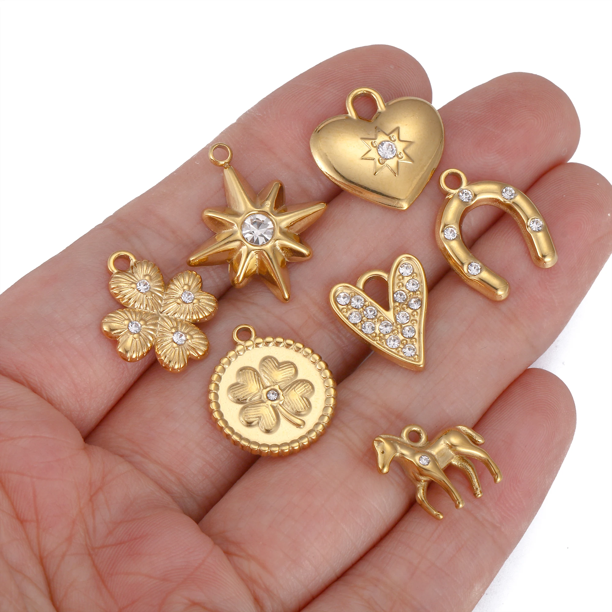 3Pcs Rhinestone Heart/Horse/Lucky Four Leaf Clover Charms Stainless Steel Pendants DIY Necklace Earrings Jewelry Making Supplies