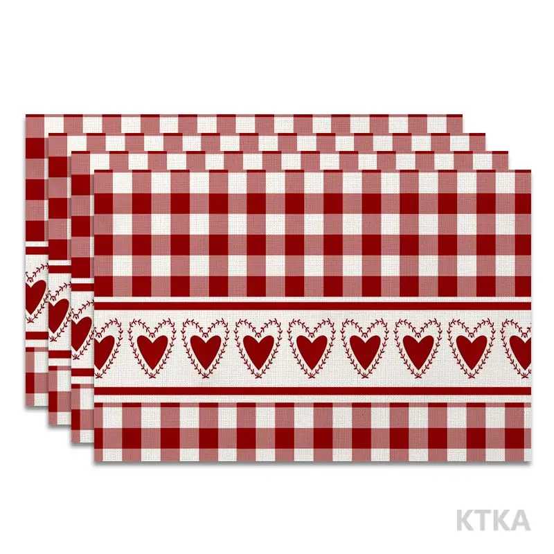 4Pcs, Red and White Checkered Heart-Shaped Placemats, Washable, Suitable for Holiday Parties, Home Decoration, Kitchen Countertops, Rectangular Dining Tables, Birthday Gifts, Housewarming Party Gifts