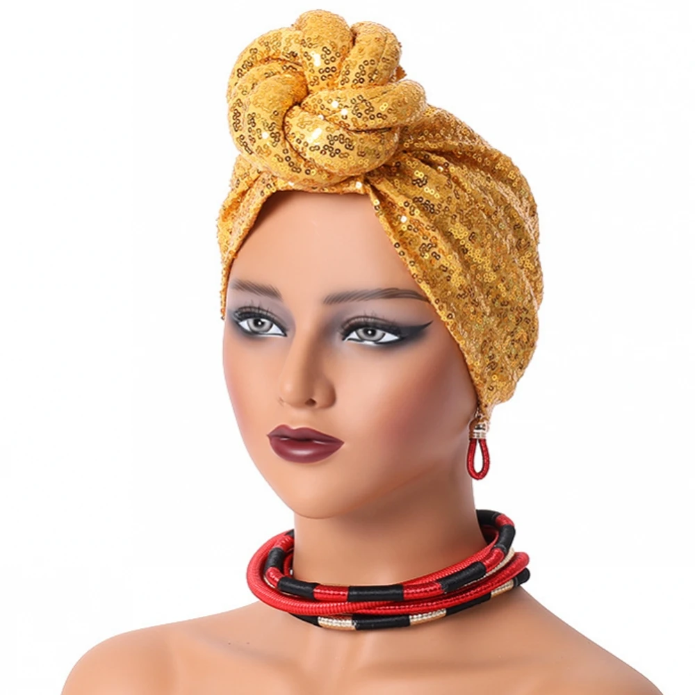 

Fashion African Female Head Wraps Muslim Headscarf Bonnet Turbante Mujer Sequins Twisted Flower Turban Cap for Women