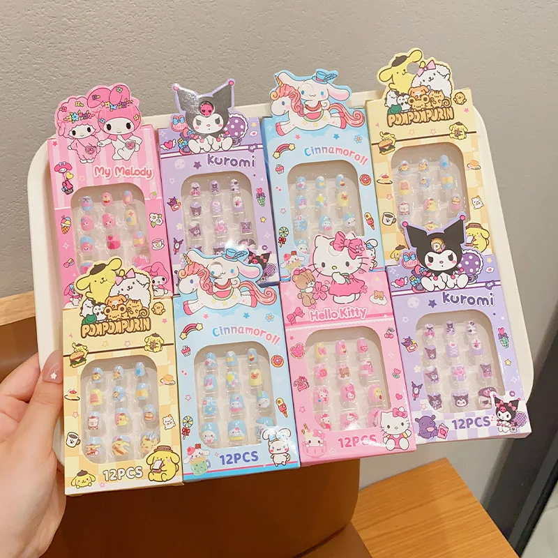 1Box(12Pcs+Jelly Gel) Sanrio Children's Nail Patch Kawaii Girls' Hello Kitty Kuromi False/Fake Press on Nails Xmas Gift For Kids