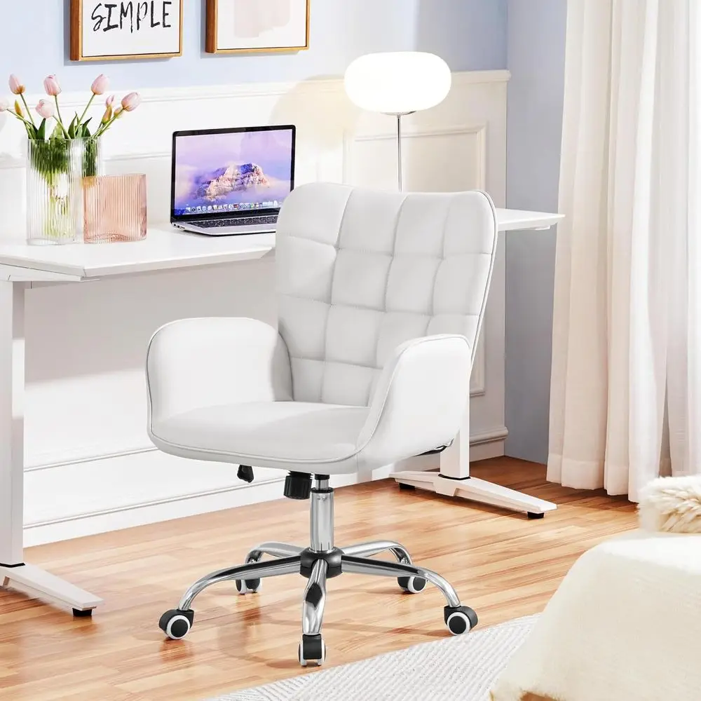 Ergonomic Adjustable Makeup Chair with Padded Armrests, Big Seat for Office, Bedroom, Living Room, White | Wide foam seat and ea view 2