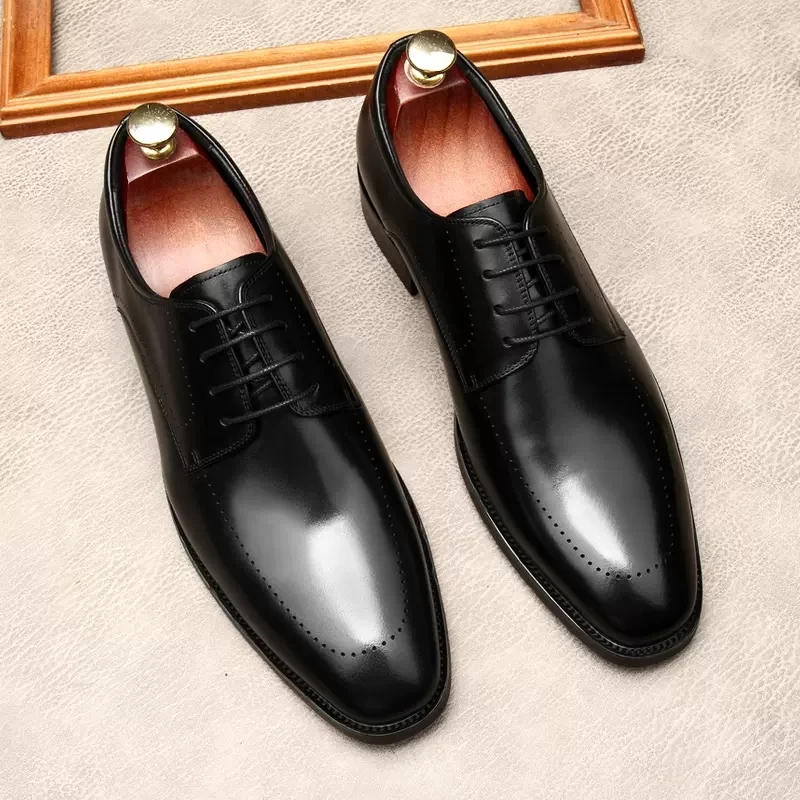 HKDQ Men Genuine Leather Oxford Shoes Round Head Laces Up Brogues Black Formal Shoes Wedding Office Party Brown Dress Men Shoe