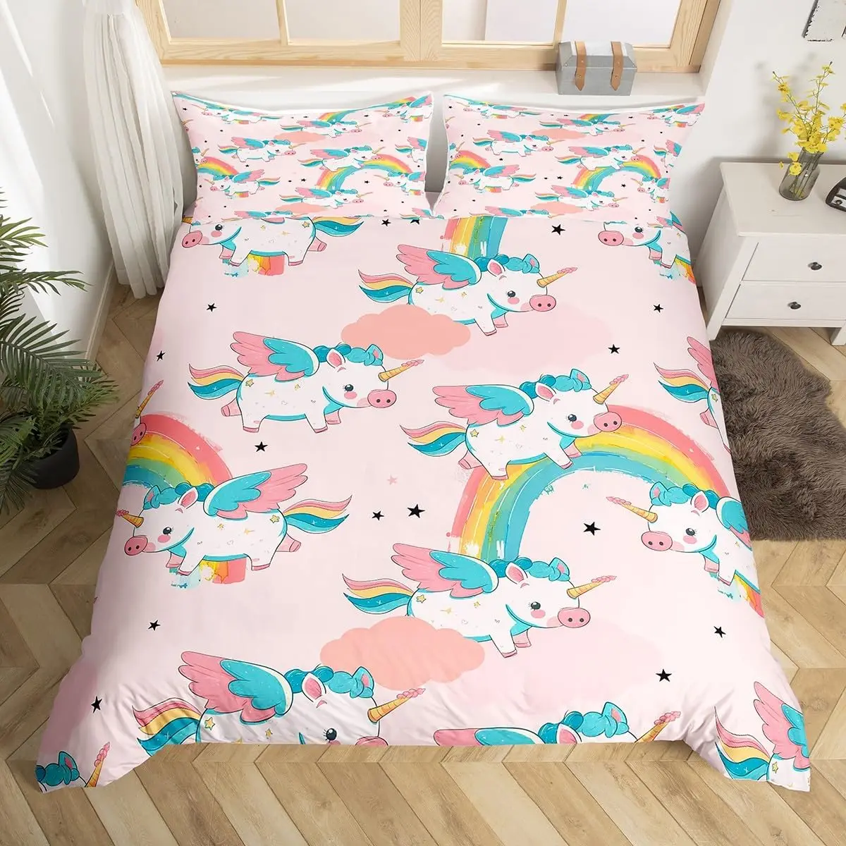 Cute Pig Duvet Cover Set Rose Flower Princess Bedding Set,Girls Women Room Decor,Cartoon Livestock Animal Rustic Comforter Cover