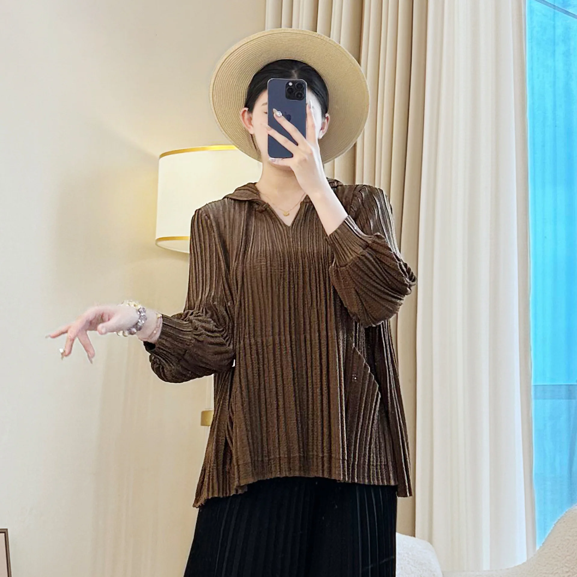 Damen Miyake Plissee Sweatshirt Chic Elastic Loose Casual Kapuzenpullover Tops Langarm Kordelzug Design Kleidung