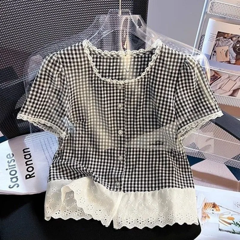 

Women's Preppy Style Lace Patchwork Plaid Chic Shirts 2025 Summer Korean Lady Short O-Neck Black Blouse Fashion Joker Tops
