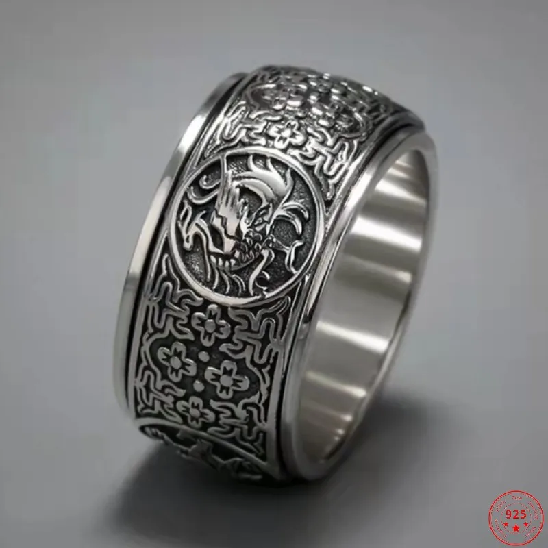 

S925 Sterling Silver Rings for Men New Men's Fashion Chinese Four Scared Beasts Rotatable Argentum Amulet Jewelry Wholesale