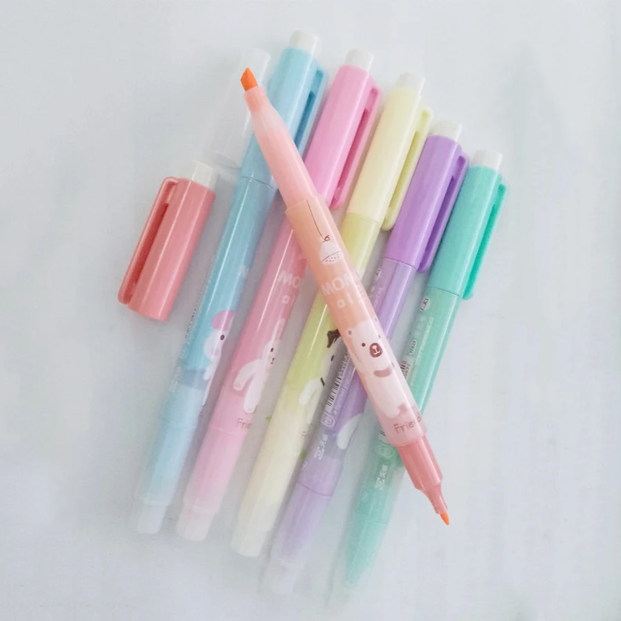 6pcs Dual Headed Highlighter Kawaii Animal Color Comic Pen DIY Diary Pastel Highlighter Set for Kids Art Painting Color Pens