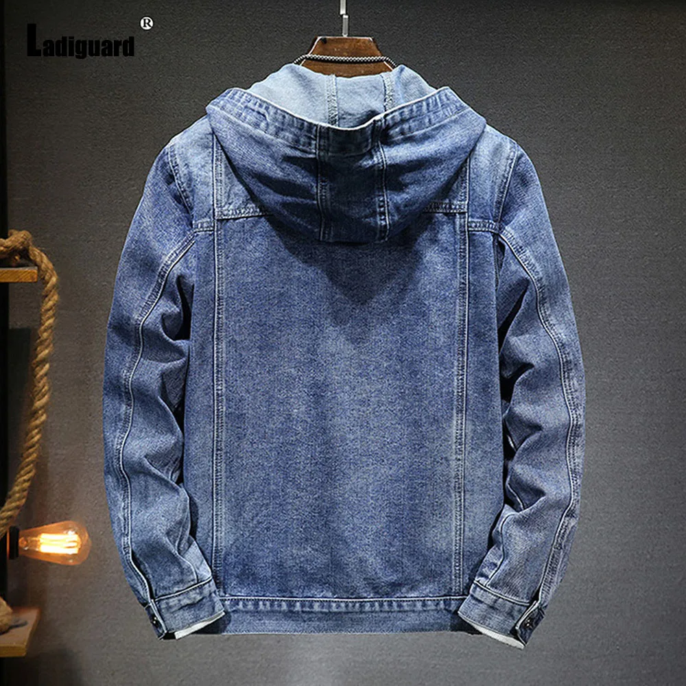 Ladiguard Plus Size Men Hooded Denim Jackets Men Long Sleeves Multi-pockets Jean Outerwear Sexy Mens Vintage Basic Jeans Jacket