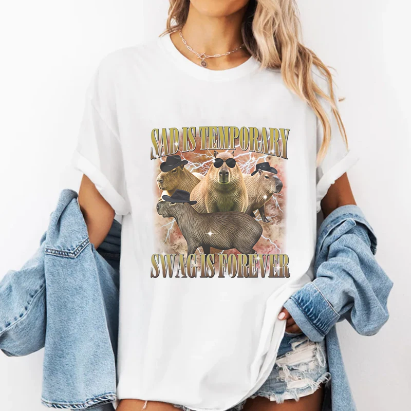 Sad Is Temporary Swag Is Forever Capybara 90s T-Shirt Man Woman Cotton Funny Meme Graphic Tee Casual Streetwear Top Trendy