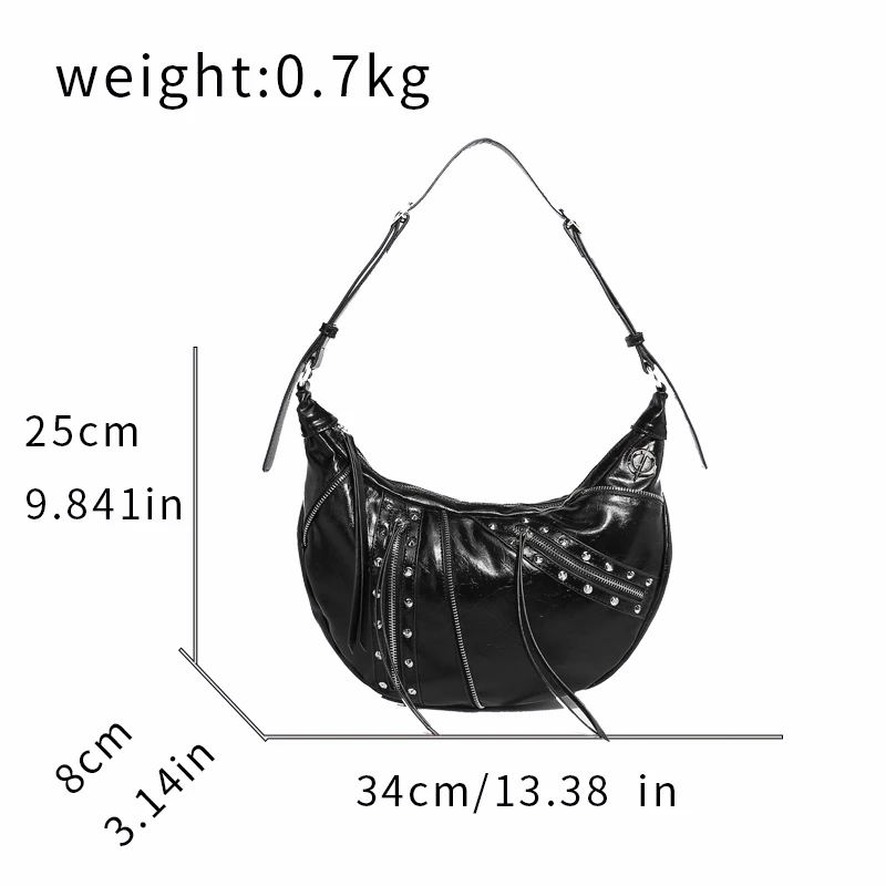 Cracked Waxed Leather Shoulder Bag, Luxury Designer Women’s Bag Dumpling-shaped Motorcycle Croissant With Black Rivet Decoration