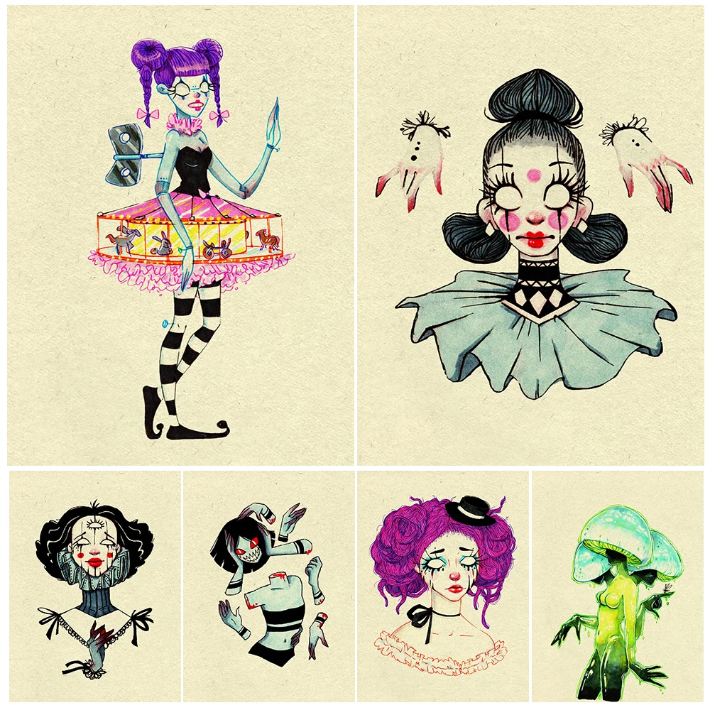 

Spooky Zombie Clown And Mushroom Hat Witch Wall Art Canvas Painting Cartoon Creepy Witchcraft Creature Art Poster Print Decor