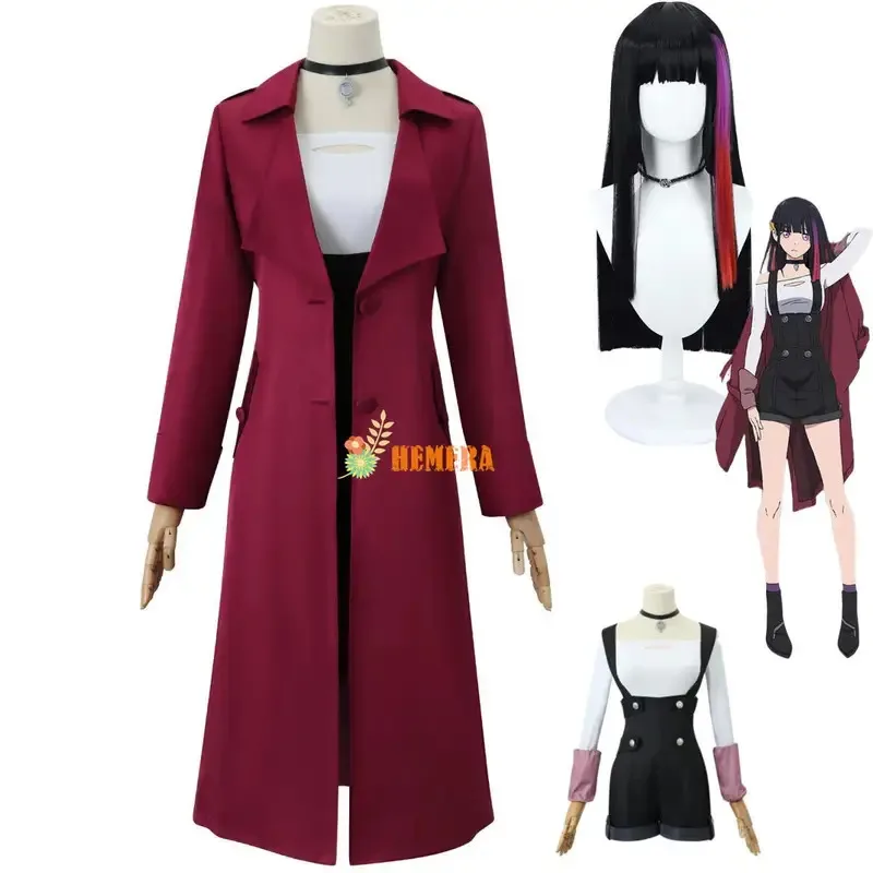 2025 11 2024 جديد أنيمي لامع روج ريدستار تأثيري حلي شعر مستعار أحمر طويل خندق معطف موحد امرأة مثير هالوين كرنف