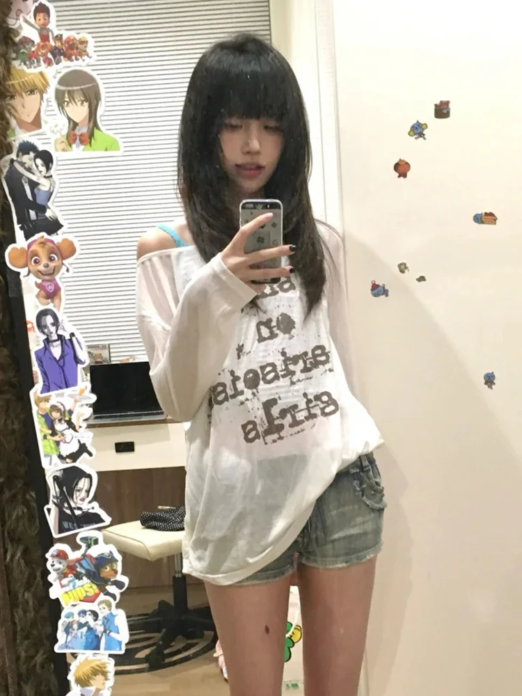 Aesthetic 2000s Tshirt Women Off Shoulder Print Tee Tops See Through Y2k Japanese Vintage Tops Beach Wear Smock E-girl