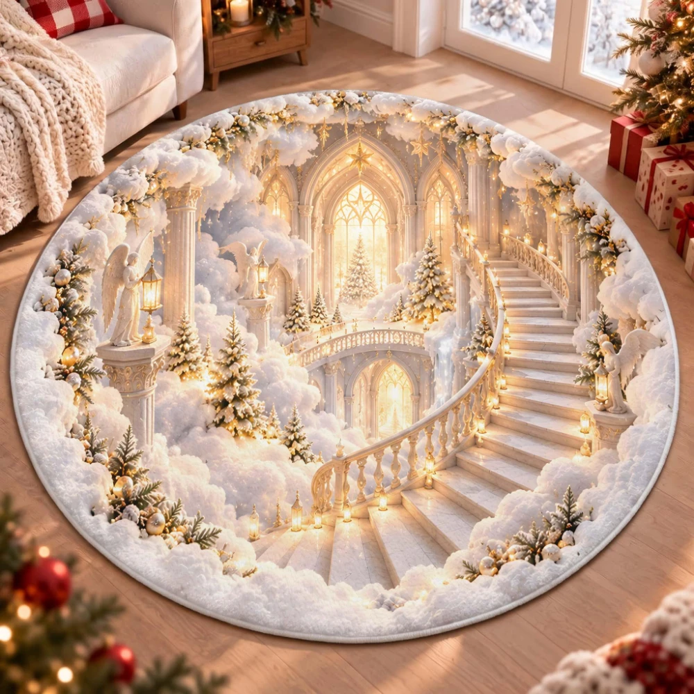 Elegant Christmas Ice Castle Circle Rug Entryway White Angel Spiral Stairs Area Rug Luxury Living Room Bedroom Present