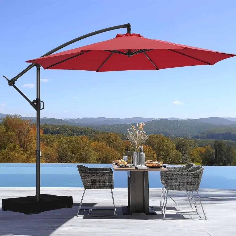 10 foot offset terrace umbrella - with base, cantilever offset suspension outdoor market umbrella UPF50+UV protection