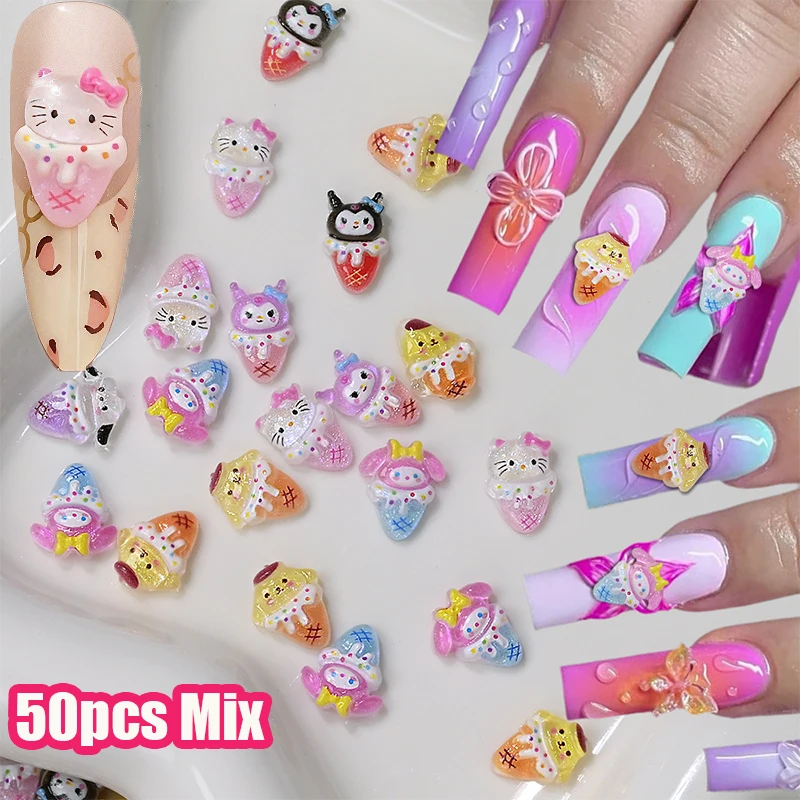 50 pièces mélange mignon crème glacée HelloKitty ongles strass Mini résine Kitty chat été Popsicle série Flatback ornement bijoux Manicu