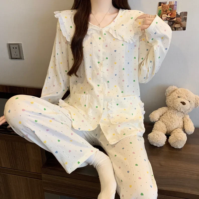 Spring and Autumn New Heart Girl Style Pajamas, Long Sleeve and Pants, Cloud Cotton Lace, Skin-Friendly Cardigan, Loose Home Set