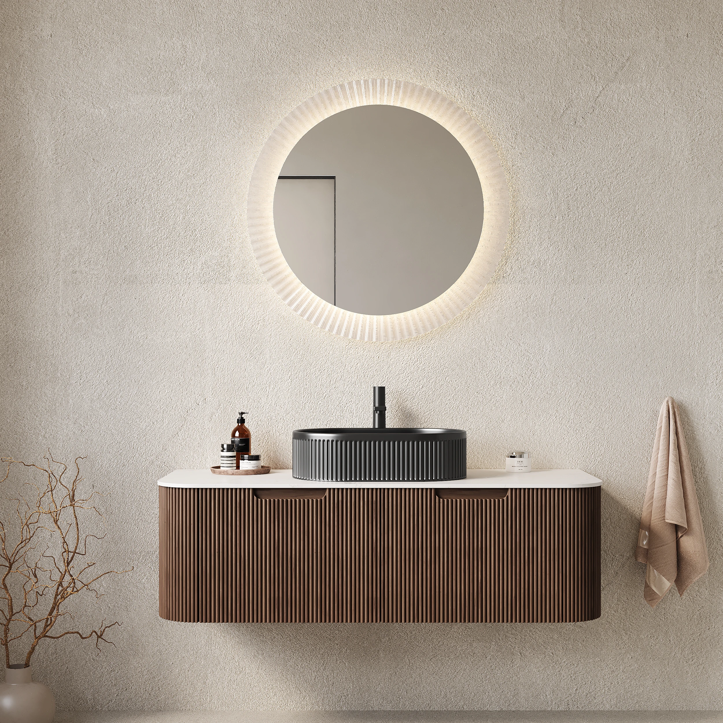 

Тумба для ванной DINA 48 дюймов с раковиной, подвесной шкаф с изогнутыми краями и полосатым дизайном, 2 выдвижных ящика, овальная керамическая раковина с черными полосами