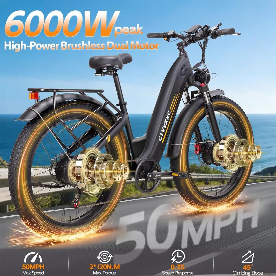 Dual Motor Electric Bike for Adults Peak 6000W, 52V 26Ah Battery Up to 100 Mile, Max 50 MPH, Front and Rear Turn Signals, 26" Fa image 3