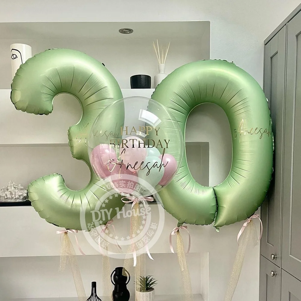 

40inch Vintage Green Number Balloon 18inch Heart Balloon Set For 30 40 50 60 Birthday Annerversay Party Decoration Home Supplies