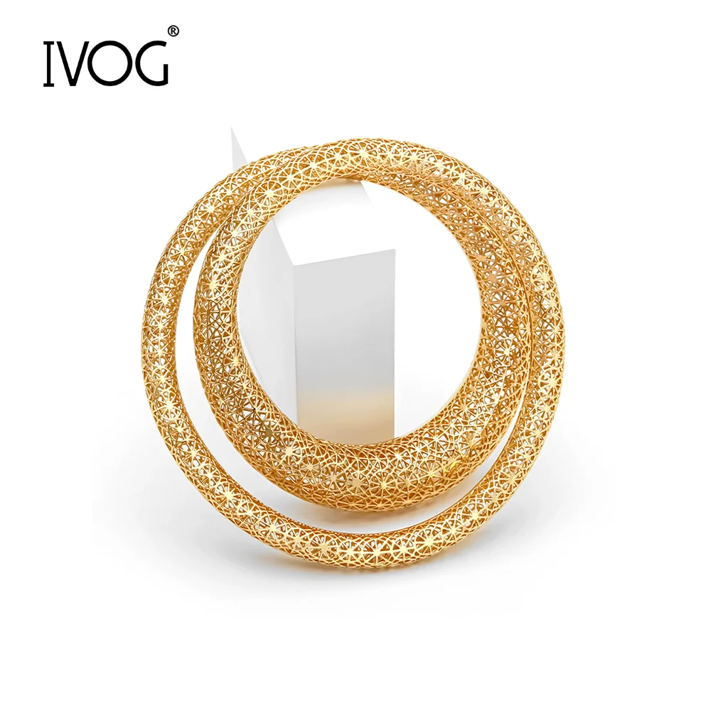 IVOG Double Layer Hollow Filigree Brass Bangle Set for Women 65mm Mesh Round Bracelets Trendy Jewelry Daily Wear Party Gift