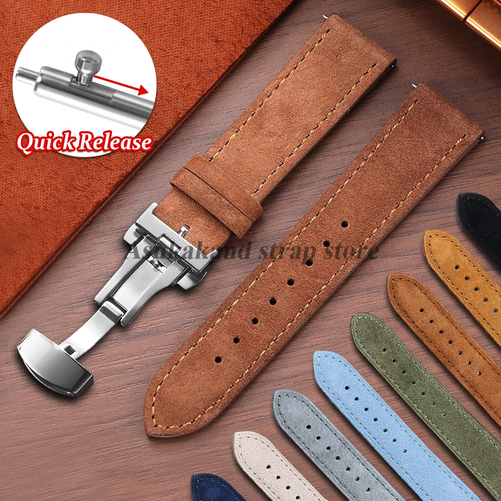Bracelet de montre en cuir pour Omega pour Seiko Bracelet de montre 18mm 19mm 20mm 22mm Vintage en daim de vache Boucle papillon Bracelets pour hommes