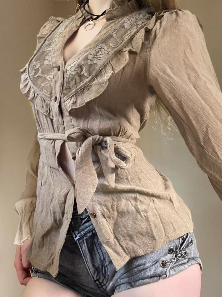 

Korobov Autumn French Retro Court Style Lace Patchwork Y2k Bandage V Neck Long Sleeve Slim Women Shirt