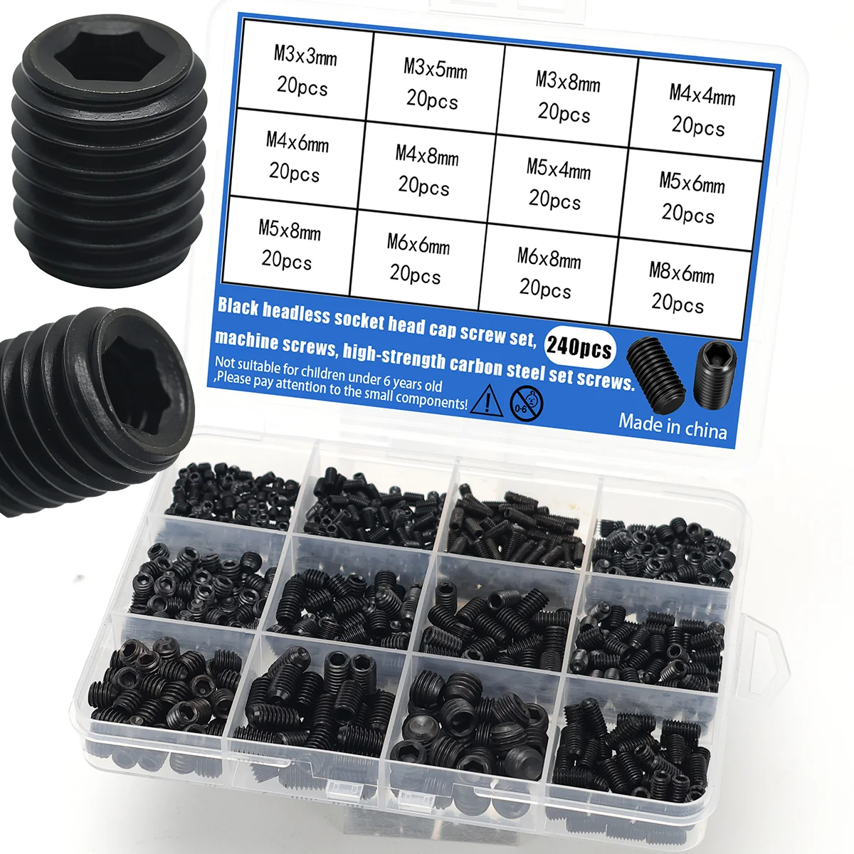 240pcs Carbon Steel Headless Hex Head Screws, Grade 12.9 Headless Screws, Grommets, Screws for Door Handles, Concealed Screws.