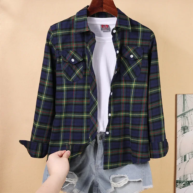 New Women\'s Plaid Shirts M-5XL Female Cotton Blouse Long Sleeve Checkered Shirt Slim Turn-down Collar  Blouses  Women Shirts