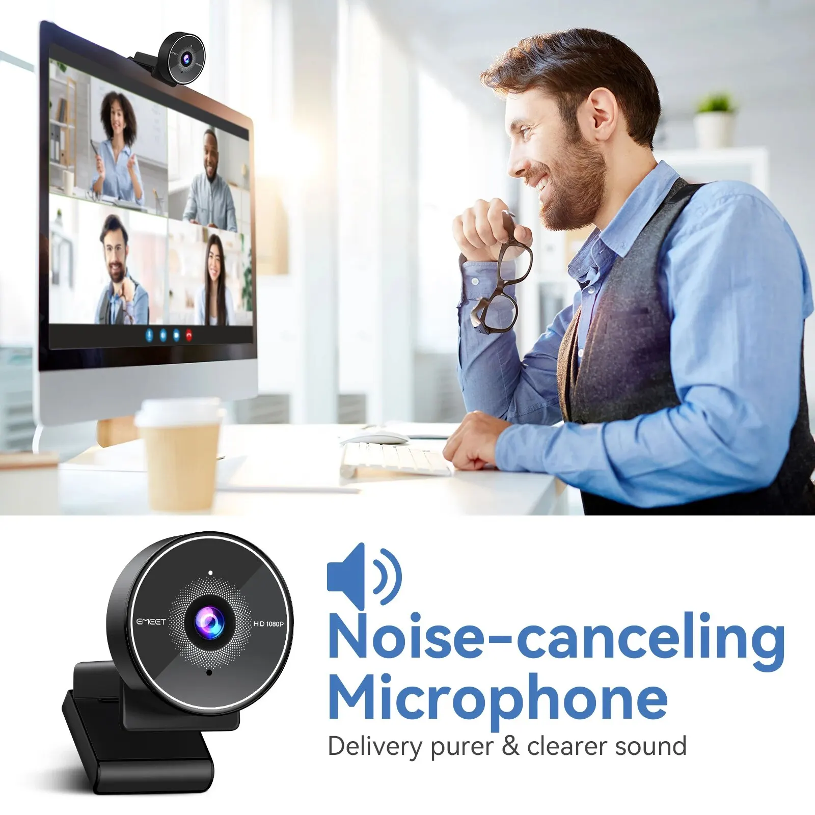 Webcam 1080P Webkamera mit geräuschunterdrückendem Mikrofon EMEET C955 USB-PC-Kamera für Computer/Meeting/Online-Kurse/YouTube