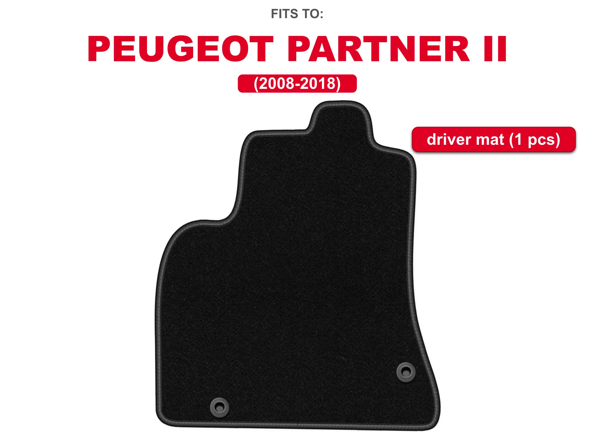 Zwarte velours bestuurdersvloermat voor: Peugeot Partner II 2008–2018 Tepee, autovloermat, 1 stuk voor de bestuurderszijde, op maat gemaakt