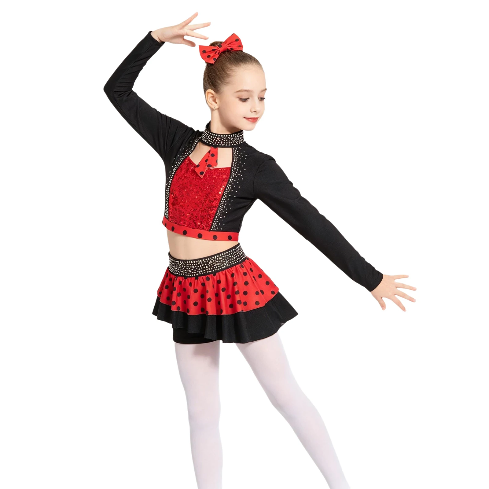 

Girls Sequins Shiny Jazz Dance Set Cutout Design Long Sleeve Crop Top with Skirted Shorts and Hair Tie Stretchy Breathable