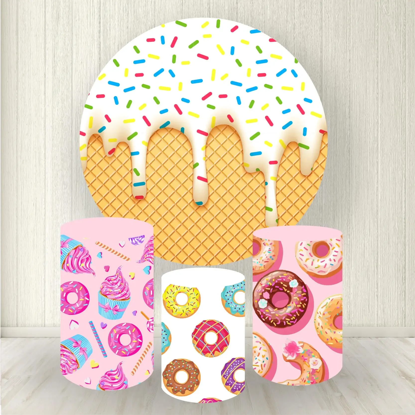 

Ice Cream Round Backdrop Cover,cute Doughnut Cylinder Plinth Covers for Dessert Baking Contest Decor Birthday Party Supplies