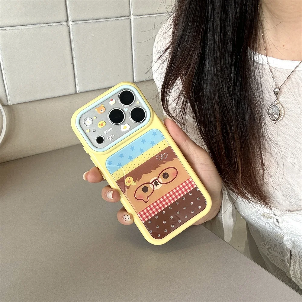 Kawaii Cartoon Bear Glasses Patchwork Phone Case For iPhone 15 16 17 Pro Max Korean Cute Star Dual Shockproof Protective Cover