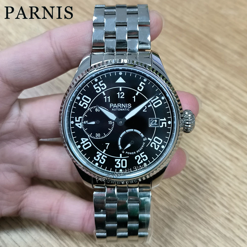 New Fashion Parnis 45mm Black Dial Automatic Mechanical Men\'s Watch Calendar Stainless Steel Bracelet Watch for Men