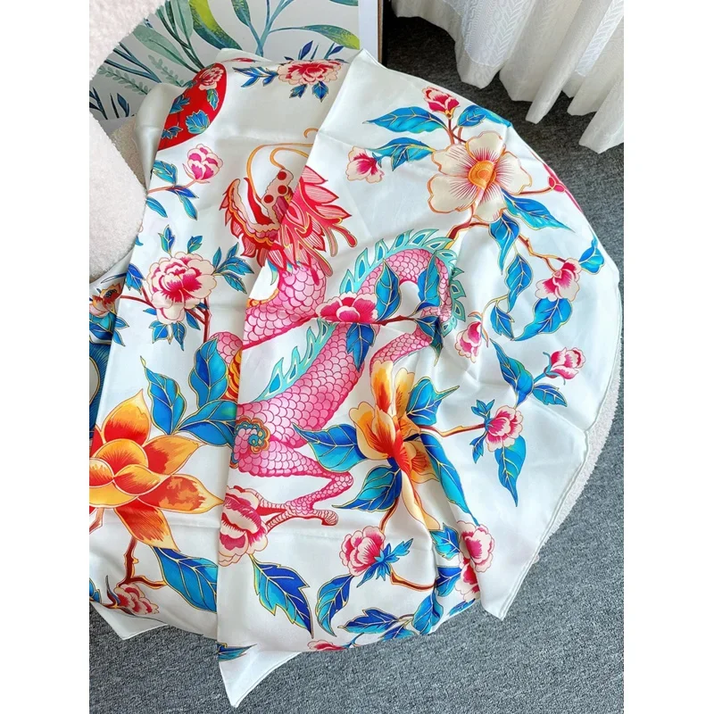 Dragon And Flower Luxury Scarf Women Designers Square Silk Scarf 90x90  Brand Replika Hijab  Double Side Printing  Head Scarves