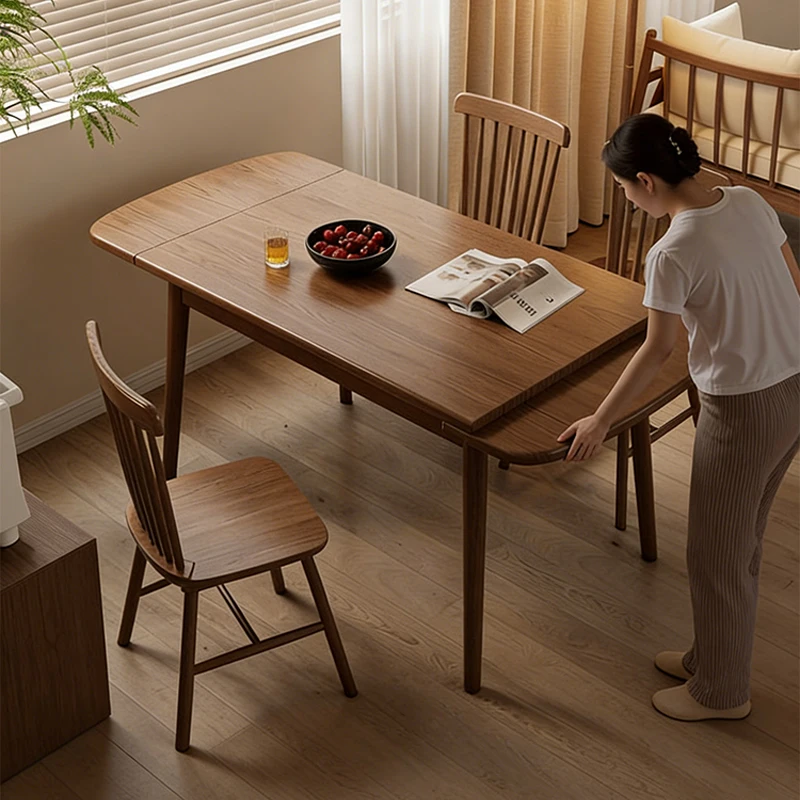 Oak medieval retractable dining table household small apartment dining table rectangular  and chairs living room folding