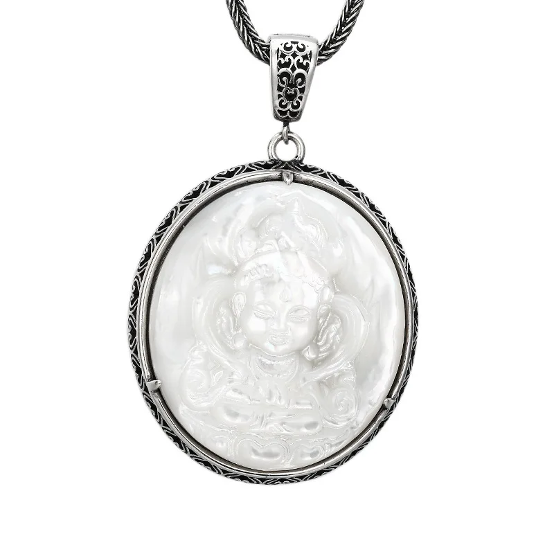 

925 Sterling Silver Oxidized Green Tara Necklace - Asian Style Mother of Pearl Buddhist Pendant Statement Jewelry