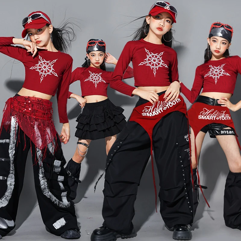 

Girl's Jazz Dance Clothes Kpop Outfit Red Crop Top Black Shuffle Pants Children Stage Costume Hip Hop Street Dance Clothing 2518