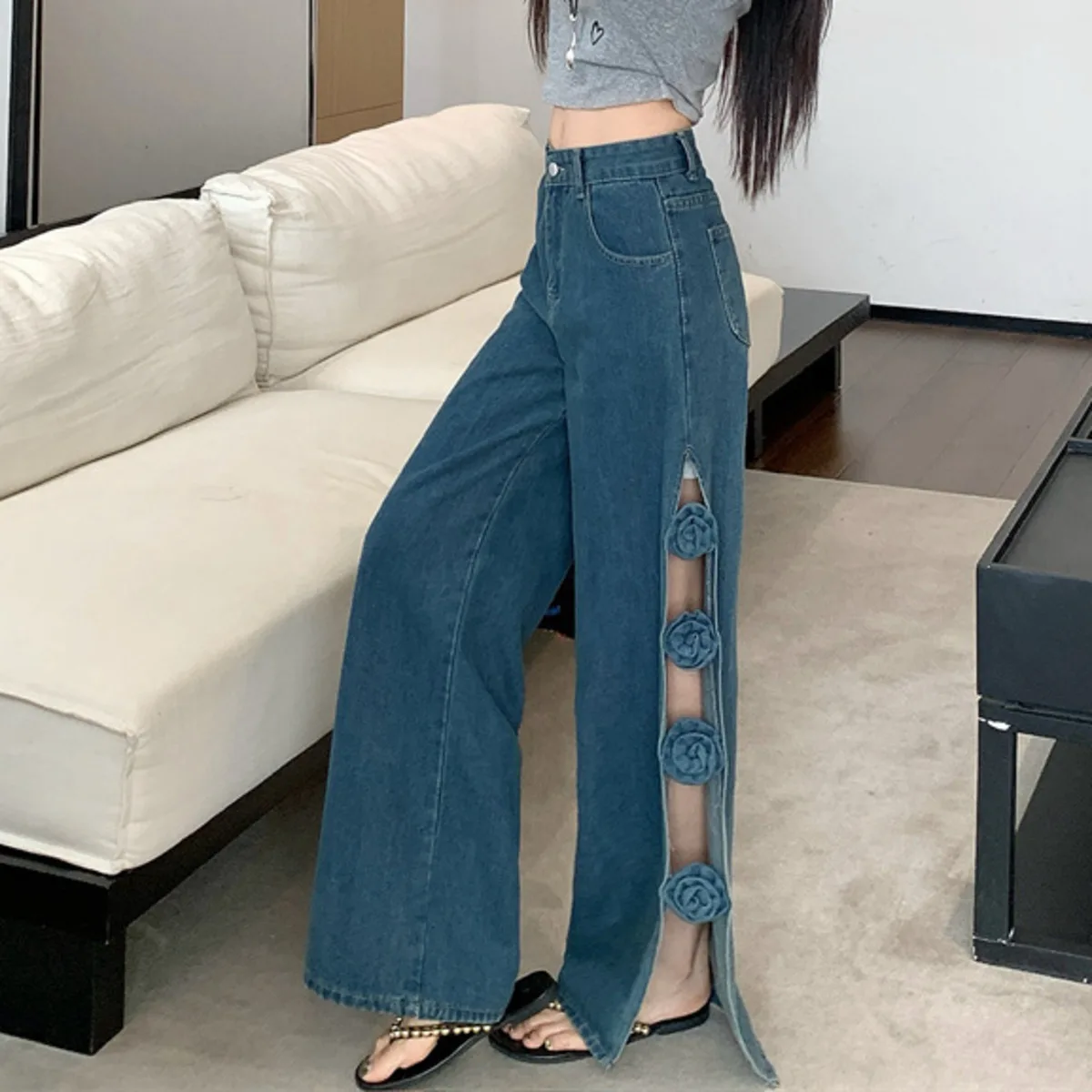 KWTX 2025 جينز نسائي أزرق عتيق بأرجل واسعة ثلاثي الأبعاد مزهّر بفتحة عالية مثير نمط الشارع أنيق مريح ربيع خريف جديد #2