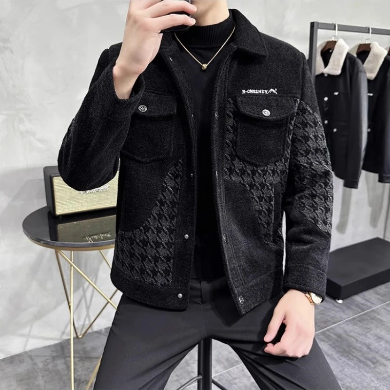 

Korean Fashion Winter Wool Blends Jackets Men Short Lapel Casual Business Trench Coat Social Streetwear Overcoat Men Clothing