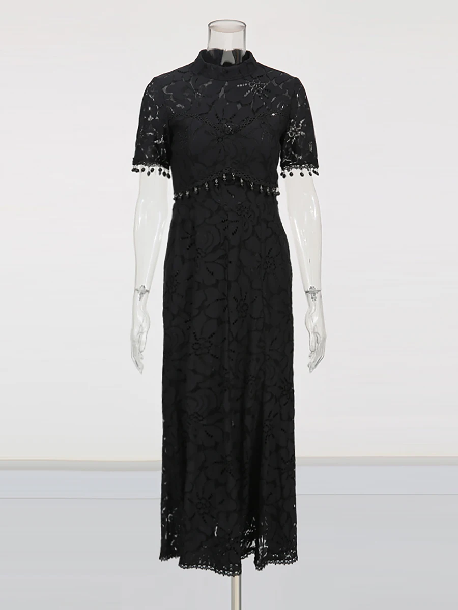 TWOTWINSTYLE Solid Simming พิมพ์ชุดเดรสสําหรับสตรีรอบคอแขนสั้น SHEER Patchwork ชุดลูกไม้หญิงแฟชั่น