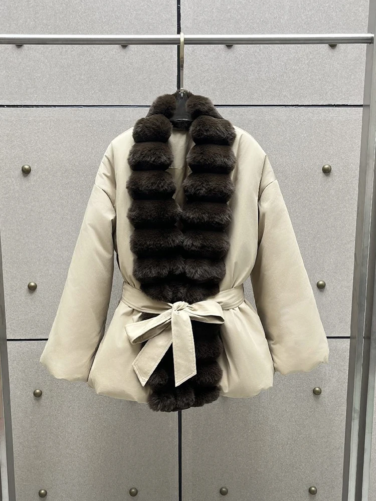 Customized long fur collar belted down jacket, 2026 autumn-winter new style elegant and warm women's cotton coat